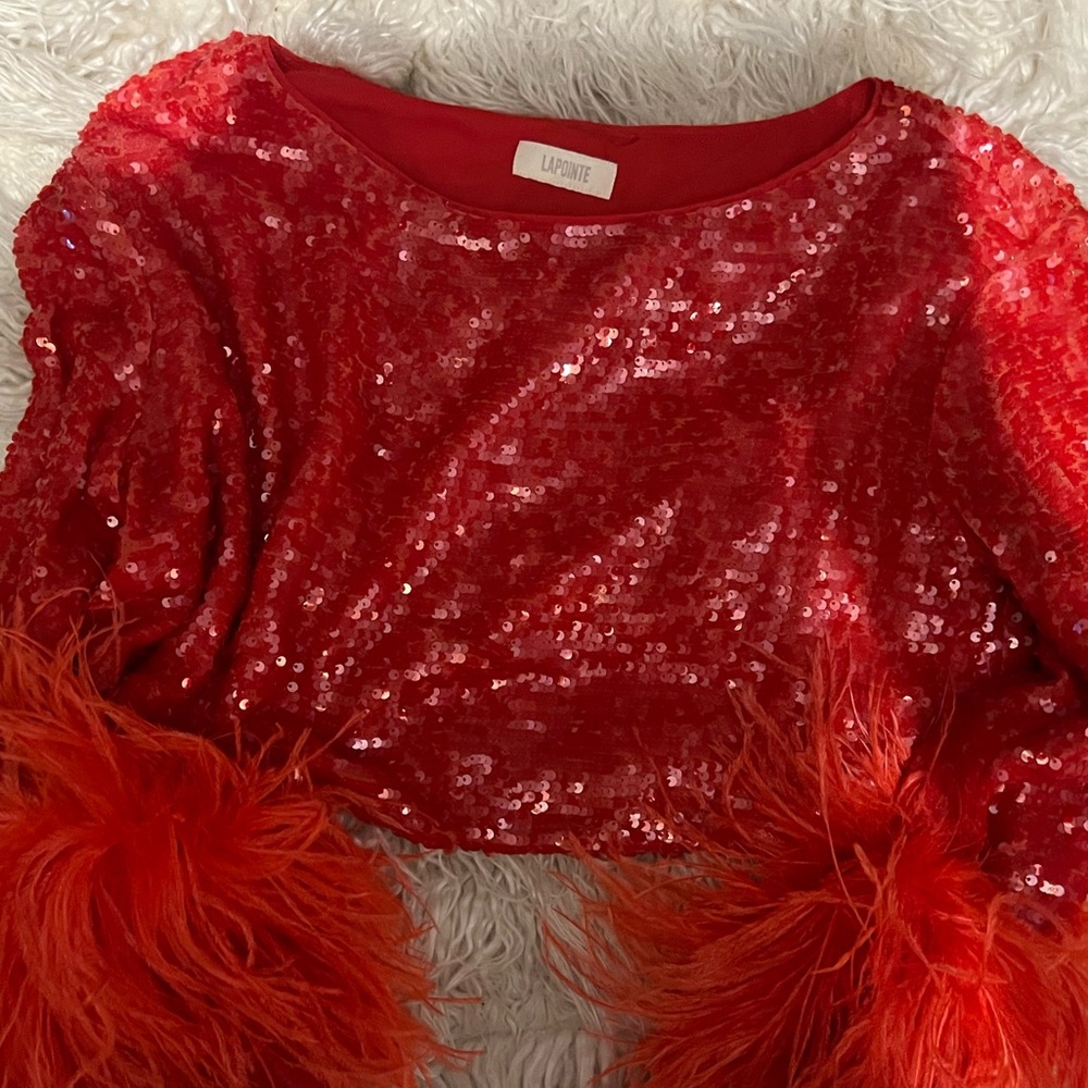Sally LaPointe Red Sequin Crop Top